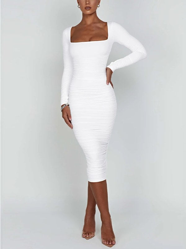 Herfst en winter dames sexy bodycon-jurk vierkante hals lange mouwen dames avondjurken