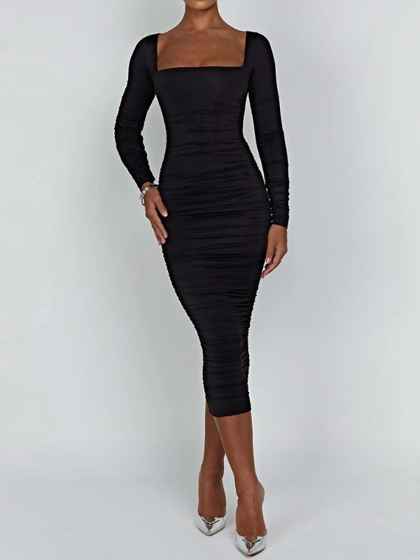 Herfst en winter dames sexy bodycon-jurk vierkante hals lange mouwen dames avondjurken