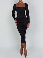Herfst en winter dames sexy bodycon-jurk vierkante hals lange mouwen dames avondjurken