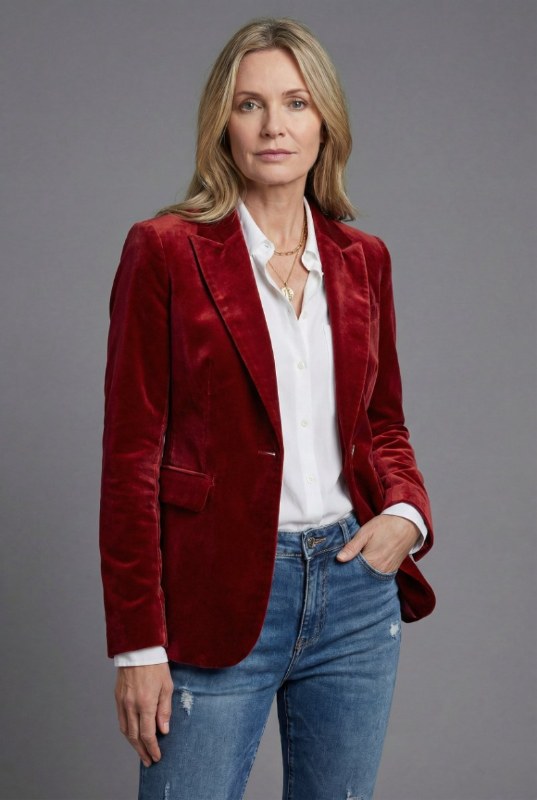 Elegant blazer dam sammet långärmad klassisk passform - Burgundy