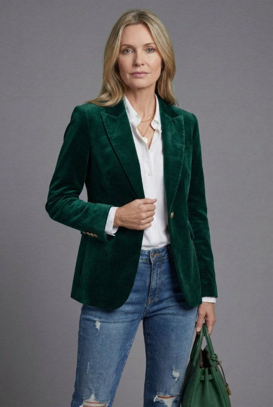 Elegant blazer dam sammet långärmad klassisk passform - Dark Green