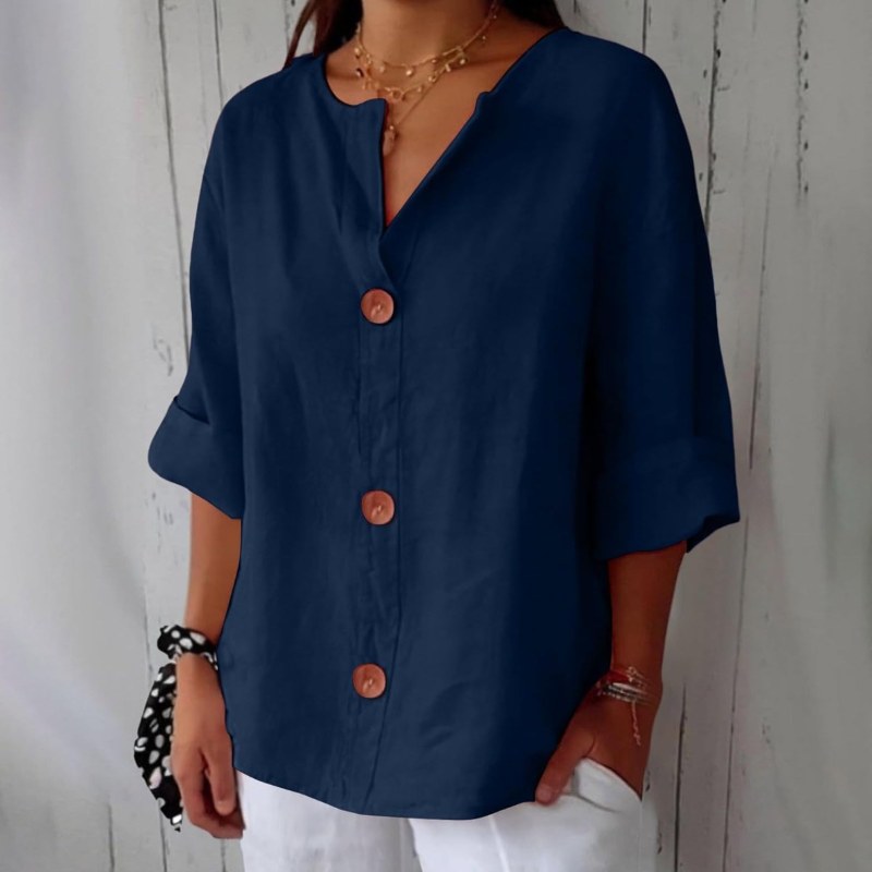 Elegant blus med v-ringning och knappstängning - Blue
