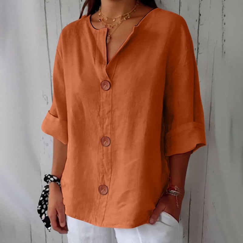 Elegant blus med v-ringning och knappstängning - Brown