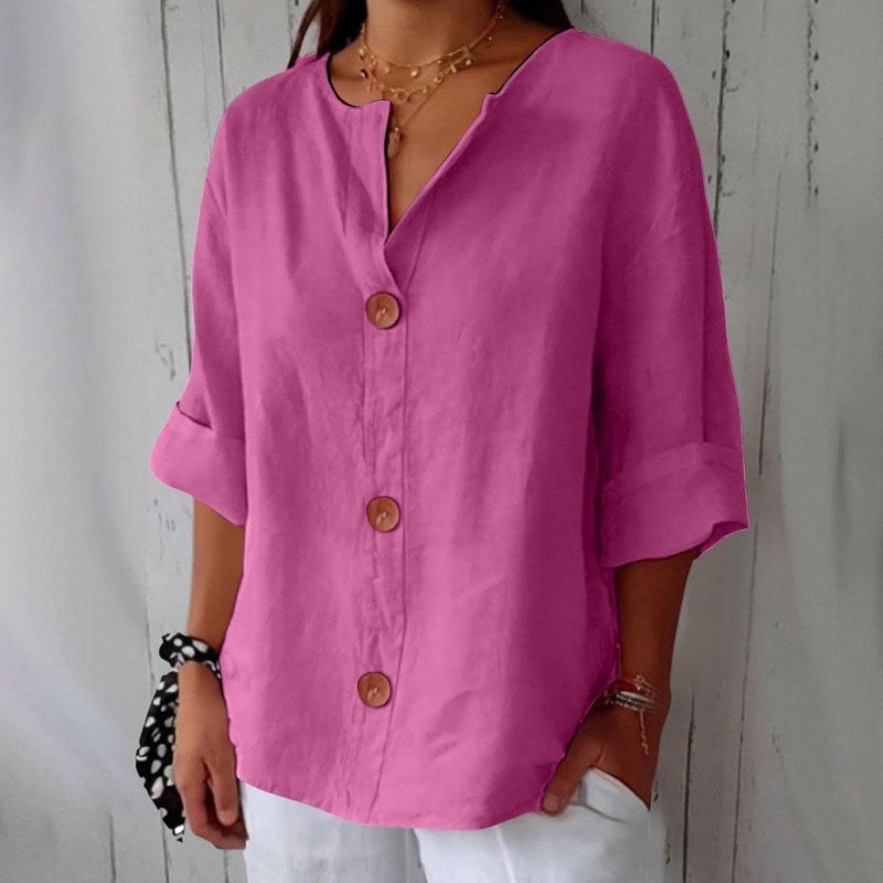 Elegant blus med v-ringning och knappstängning - Pink