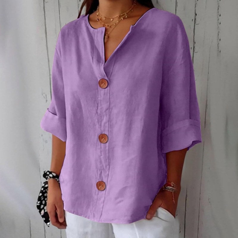 Elegant blus med v-ringning och knappstängning - Purple
