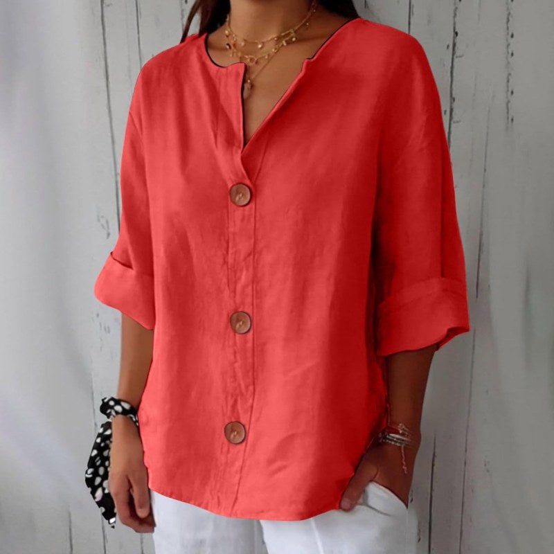 Elegant blus med v-ringning och knappstängning - Red