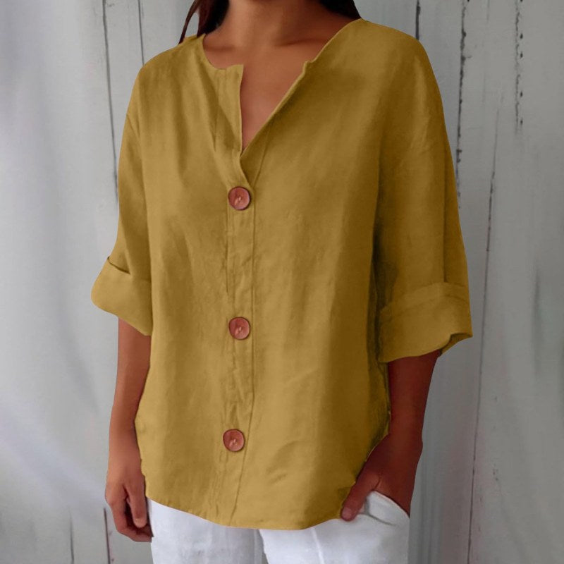 Elegant blus med v-ringning och knappstängning - Yellow
