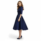Retro Wrap Midi Dress with V-Neckline and Full Skirt