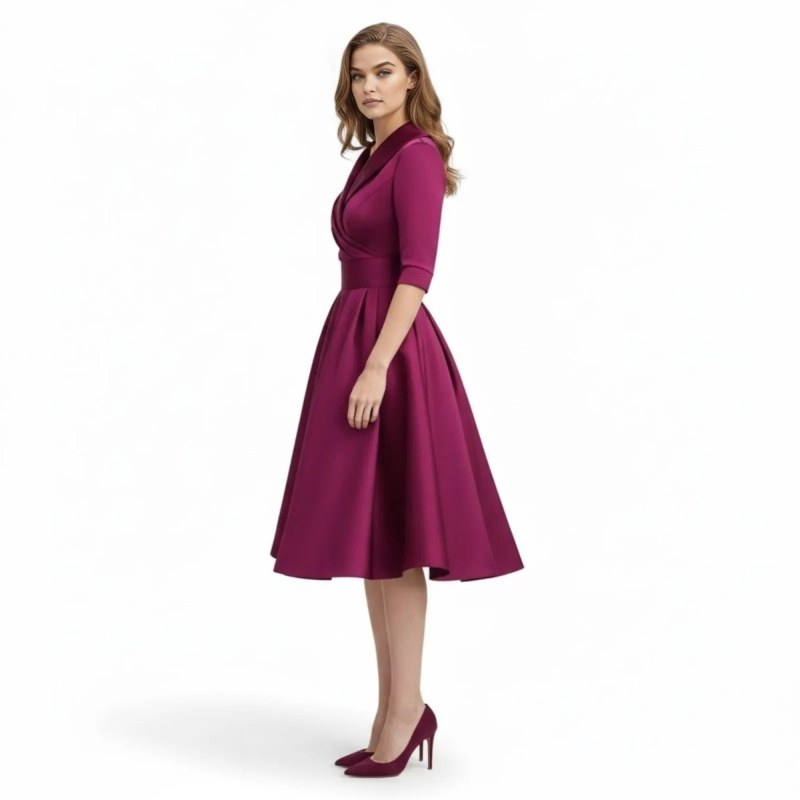 Retro Wrap Midi Dress with V-Neckline and Full Skirt