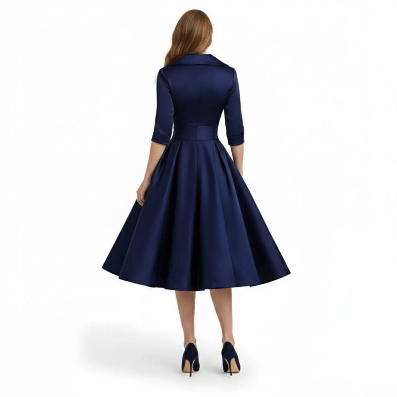 Retro Wrap Midi Dress with V-Neckline and Full Skirt