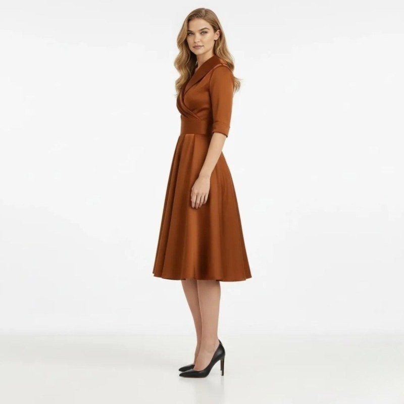 Retro Wrap Midi Dress with V-Neckline and Full Skirt