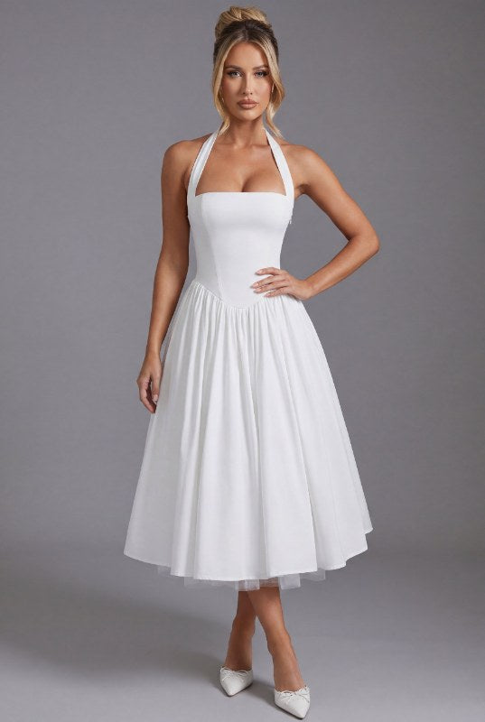 Elegant festklänning halterneck midilängd - White