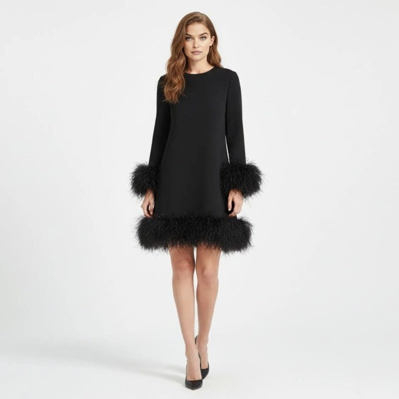 Elegant festklänning långärmad mini med fjäderdetaljer - Black
