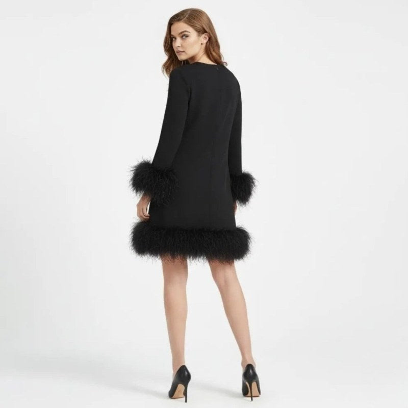 Mini Dress with Faux Fur Hem and Long Sleeves