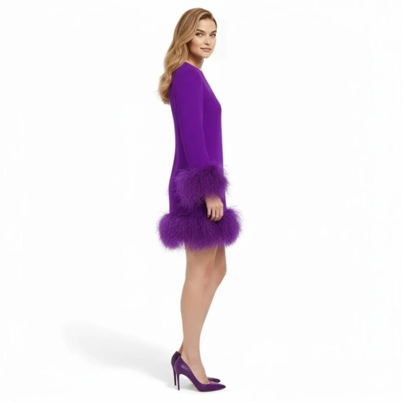 Mini Dress with Faux Fur Hem and Long Sleeves