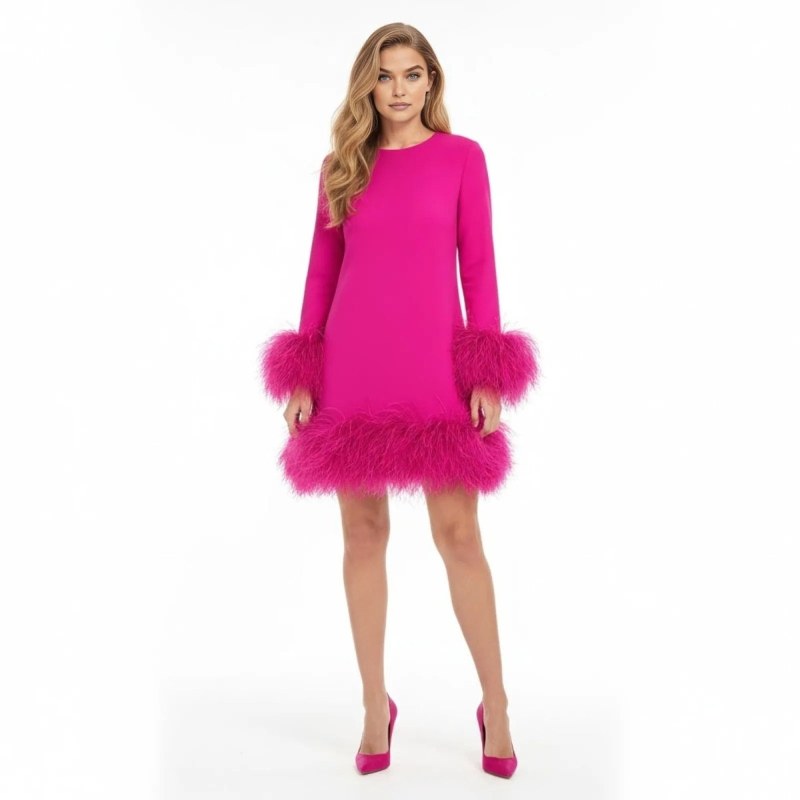 Elegant festklänning långärmad mini med fjäderdetaljer - Pink
