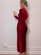 Vrouwen elegante lange mouw feestavond fluwelen bodycon split potlood midi-jurk lente herfst kleding
