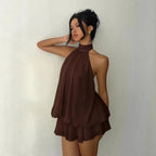 Damesjurk met halternek, rugloze chiffon minirok met strik aan de voorkant, modieuze sexy Y2K vintage schattige feestjurk voor verjaardagen