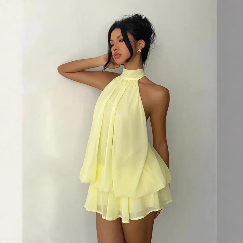 Damesjurk met halternek, rugloze chiffon minirok met strik aan de voorkant, modieuze sexy Y2K vintage schattige feestjurk voor verjaardagen