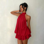 Damesjurk met halternek, rugloze chiffon minirok met strik aan de voorkant, modieuze sexy Y2K vintage schattige feestjurk voor verjaardagen