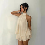 Damesjurk met halternek, rugloze chiffon minirok met strik aan de voorkant, modieuze sexy Y2K vintage schattige feestjurk voor verjaardagen