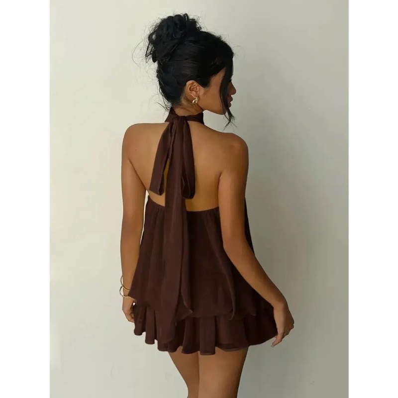 Damesjurk met halternek, rugloze chiffon minirok met strik aan de voorkant, modieuze sexy Y2K vintage schattige feestjurk voor verjaardagen