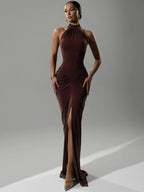 Mozision Halter Ruches Mouwloze Sexy Maxi Jurk Vrouwen Jurk Mode Slanke Hoge Taille Avond Club Party Split Lange Jurk