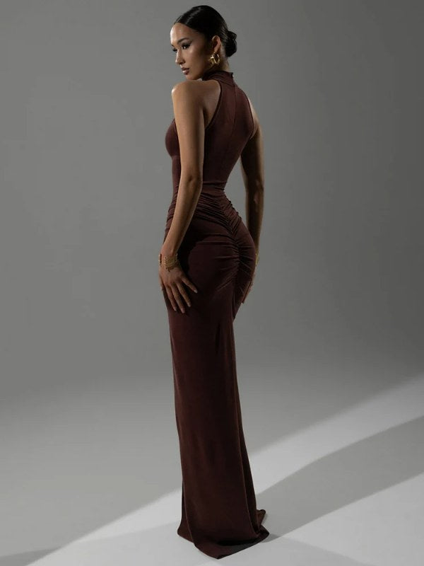 Mozision Halter Ruches Mouwloze Sexy Maxi Jurk Vrouwen Jurk Mode Slanke Hoge Taille Avond Club Party Split Lange Jurk