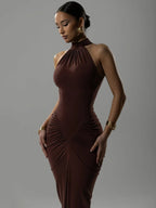 Mozision Halter Ruches Mouwloze Sexy Maxi Jurk Vrouwen Jurk Mode Slanke Hoge Taille Avond Club Party Split Lange Jurk