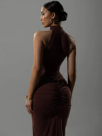 Mozision Halter Ruches Mouwloze Sexy Maxi Jurk Vrouwen Jurk Mode Slanke Hoge Taille Avond Club Party Split Lange Jurk