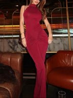 Mozision Halter Ruches Mouwloze Sexy Maxi Jurk Vrouwen Jurk Mode Slanke Hoge Taille Avond Club Party Split Lange Jurk
