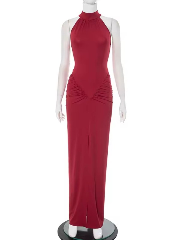 Elegant halterneck aftonklänning maxilängd - Red