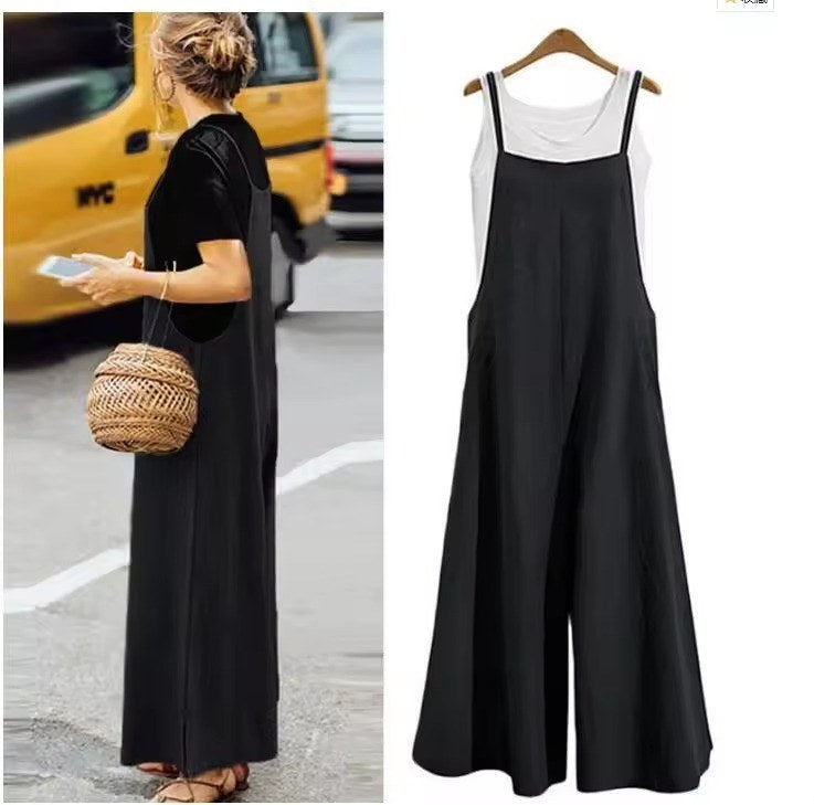 Elegant jumpsuit med vida ben och axelband - Black