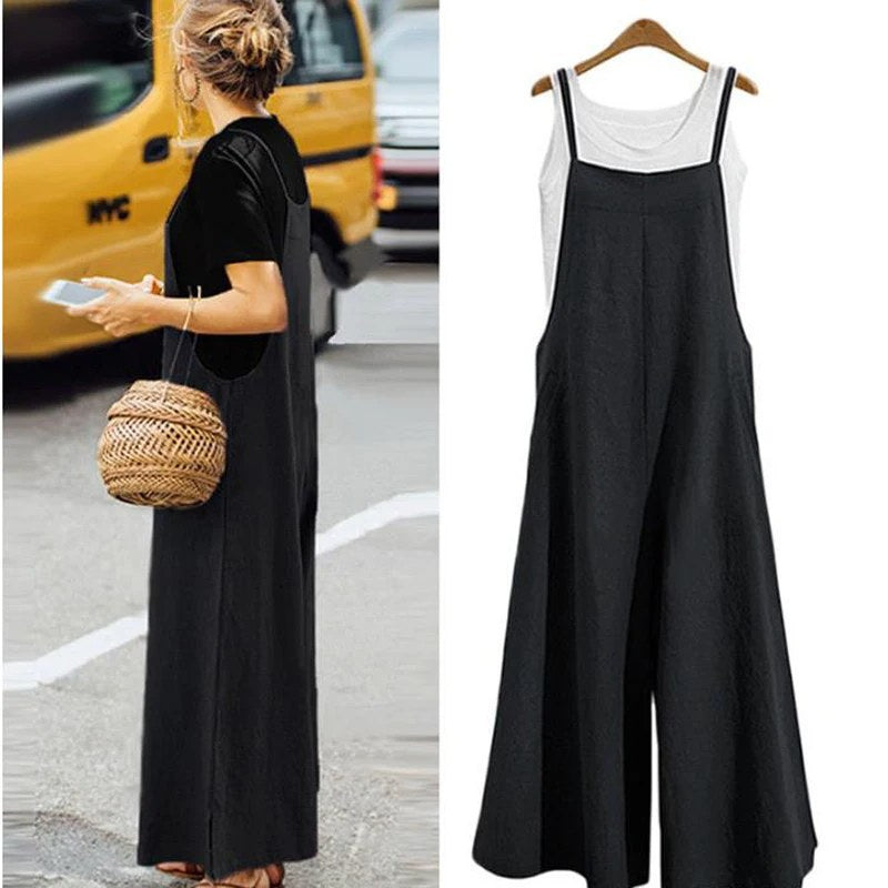 Vrouwen Bandjes Jumpsuit Zomer Effen Kleur Wijde Pijpen Broek Tuinbroek Bib Overalls Casual Losse Mouwloze Katoen Linnen Jumpsuits 5Xl
