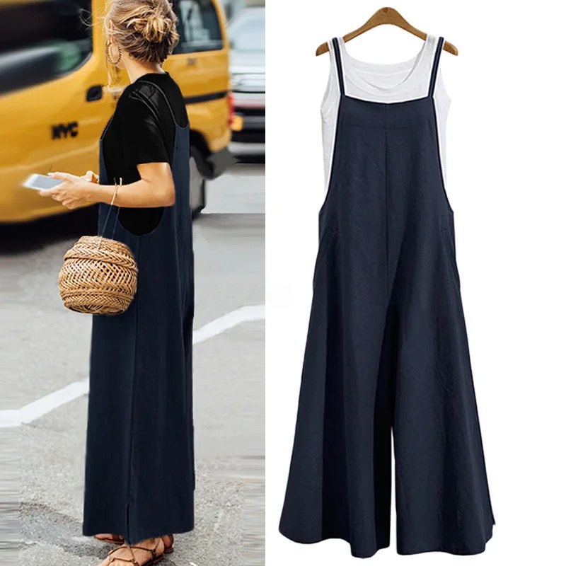 Vrouwen Bandjes Jumpsuit Zomer Effen Kleur Wijde Pijpen Broek Tuinbroek Bib Overalls Casual Losse Mouwloze Katoen Linnen Jumpsuits 5Xl