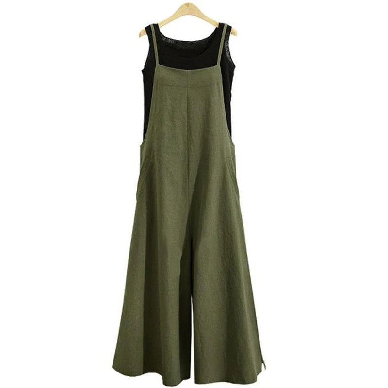 Vrouwen Bandjes Jumpsuit Zomer Effen Kleur Wijde Pijpen Broek Tuinbroek Bib Overalls Casual Losse Mouwloze Katoen Linnen Jumpsuits 5Xl