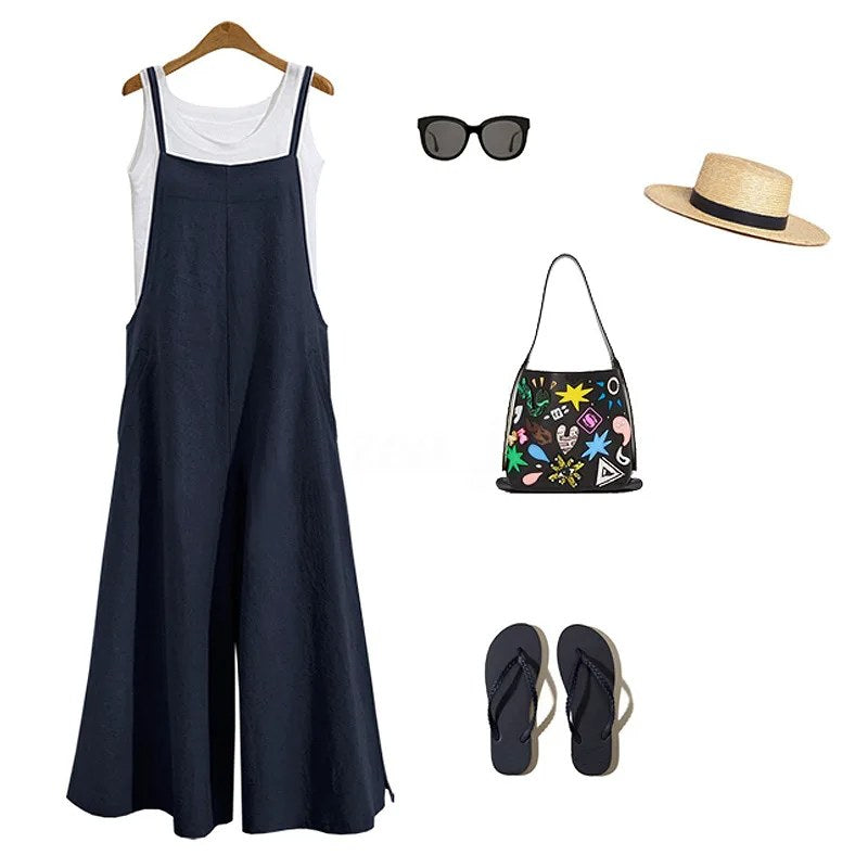 Vrouwen Bandjes Jumpsuit Zomer Effen Kleur Wijde Pijpen Broek Tuinbroek Bib Overalls Casual Losse Mouwloze Katoen Linnen Jumpsuits 5Xl