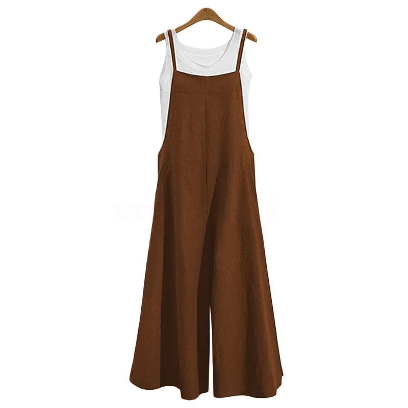 Vrouwen Bandjes Jumpsuit Zomer Effen Kleur Wijde Pijpen Broek Tuinbroek Bib Overalls Casual Losse Mouwloze Katoen Linnen Jumpsuits 5Xl