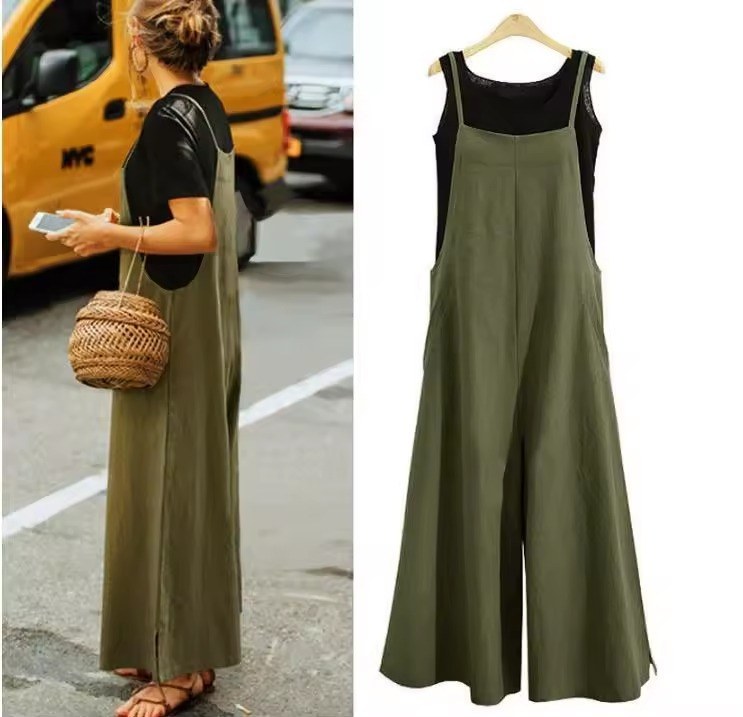 Elegant jumpsuit med vida ben och axelband - Olive
