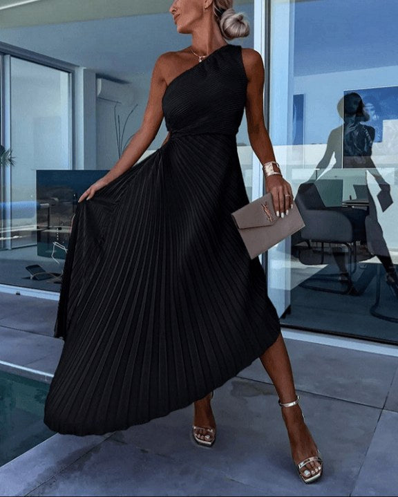 Elegant klänning till bröllopsfest asymmetrisk one-shoulder maxilängd - Black