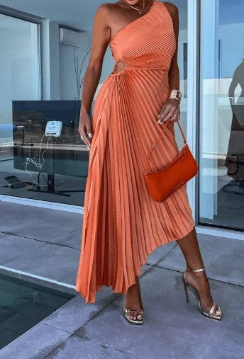 One Shoulder Pleated Midi Dress with Ring Waist Detail