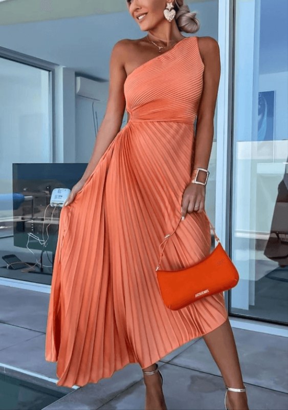 Elegant klänning till bröllopsfest asymmetrisk one-shoulder maxilängd - Orange