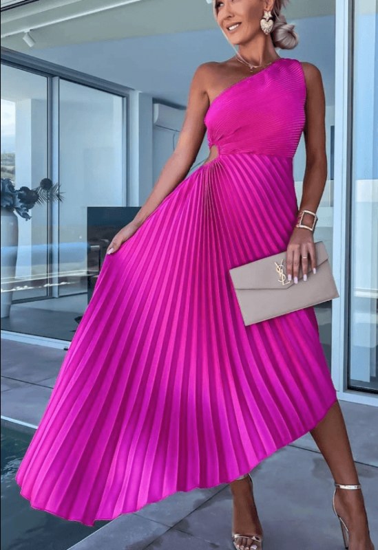 Elegant klänning till bröllopsfest asymmetrisk one-shoulder maxilängd - Pink