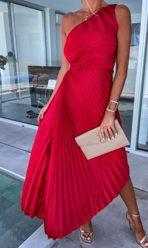 Elegant klänning till bröllopsfest asymmetrisk one-shoulder maxilängd - Red