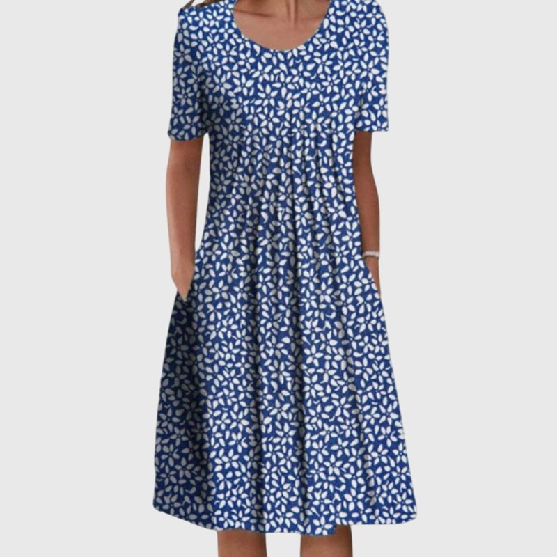 Elegant kortärmad blommig klänning rund hals midilängd sommar - Blue