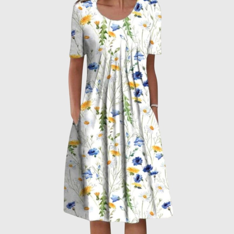 Elegant kortärmad blommig klänning rund hals midilängd sommar - Yellow