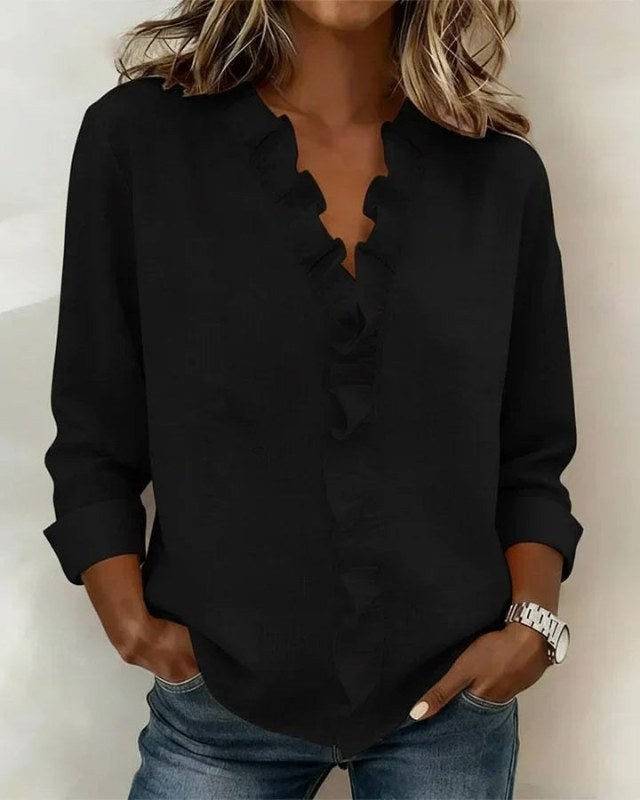 Elegant långärmad blus med volangdetaljer - Black