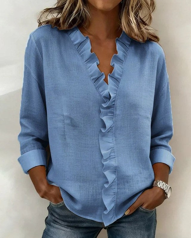 Elegant långärmad blus med volangdetaljer - Blue