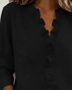 Women's Blouse with Ruffled V-Neck and Long Sleeves