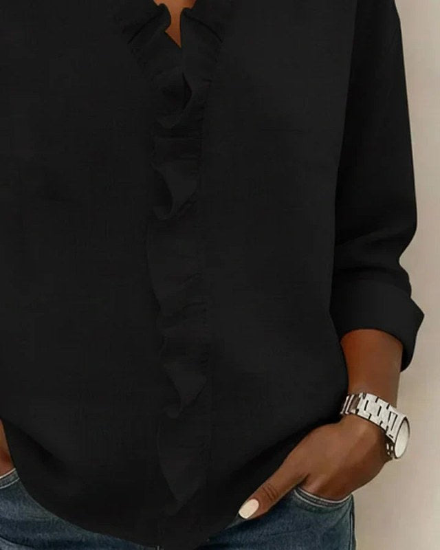 Women's Blouse with Ruffled V-Neck and Long Sleeves